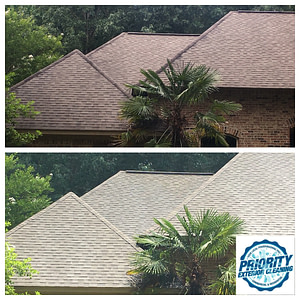 Image: Before and After Roof Wash by Jackson MS Roof Cleaning Company, Priority Exterior Cleaning, LLC.
