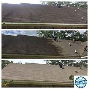 Image: Example of what a roof looks like before, during and after a soft wash roof cleaning treatment